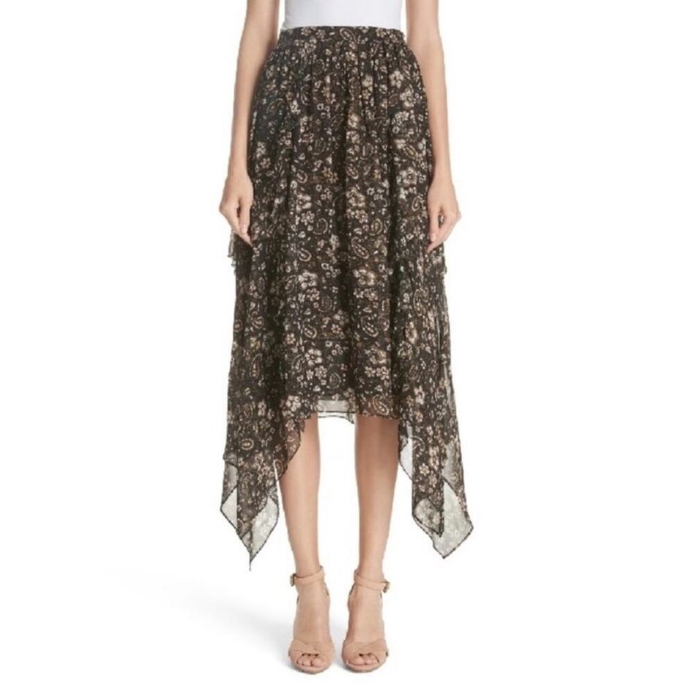 Ulla Johnson Torri Paisley Asymmetrical Silk Skirt in Forest Size 4